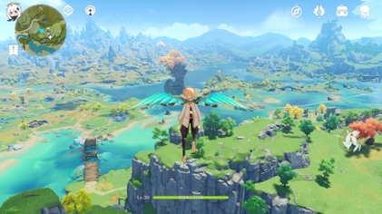 Screenshot of gameplay from the video game Genshin Impact. The player character is drifting down to a wide open wilderness.