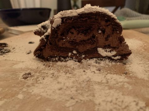 A buche de noel dessert cut in half