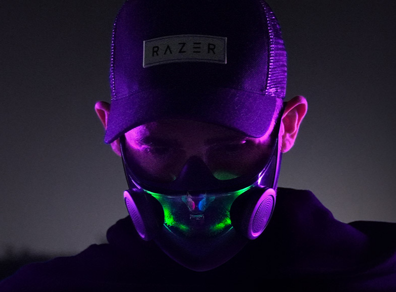 A mode wearing a glowing face mask